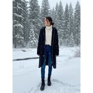 Womens Black Longline Full Zip Fleece Lined Hooded Jacket Coat Size Large